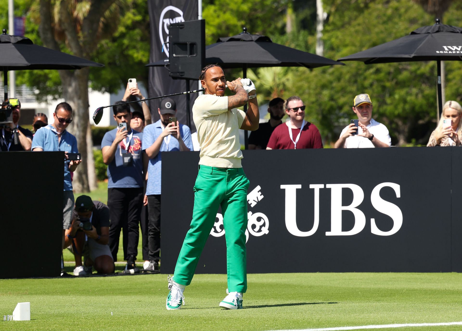 Lewis Hamilton during IWC Schaffhausen's 2024 Big Pilot Challenge at the Miami Beach Golf Club. Source: Getty